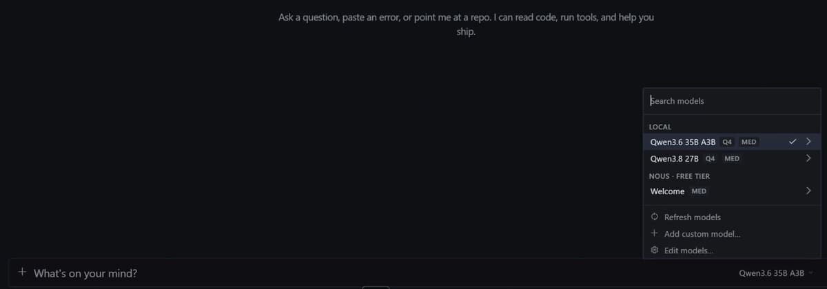 Choose a local model in the Hermes Agent prompt box. - click to view full size